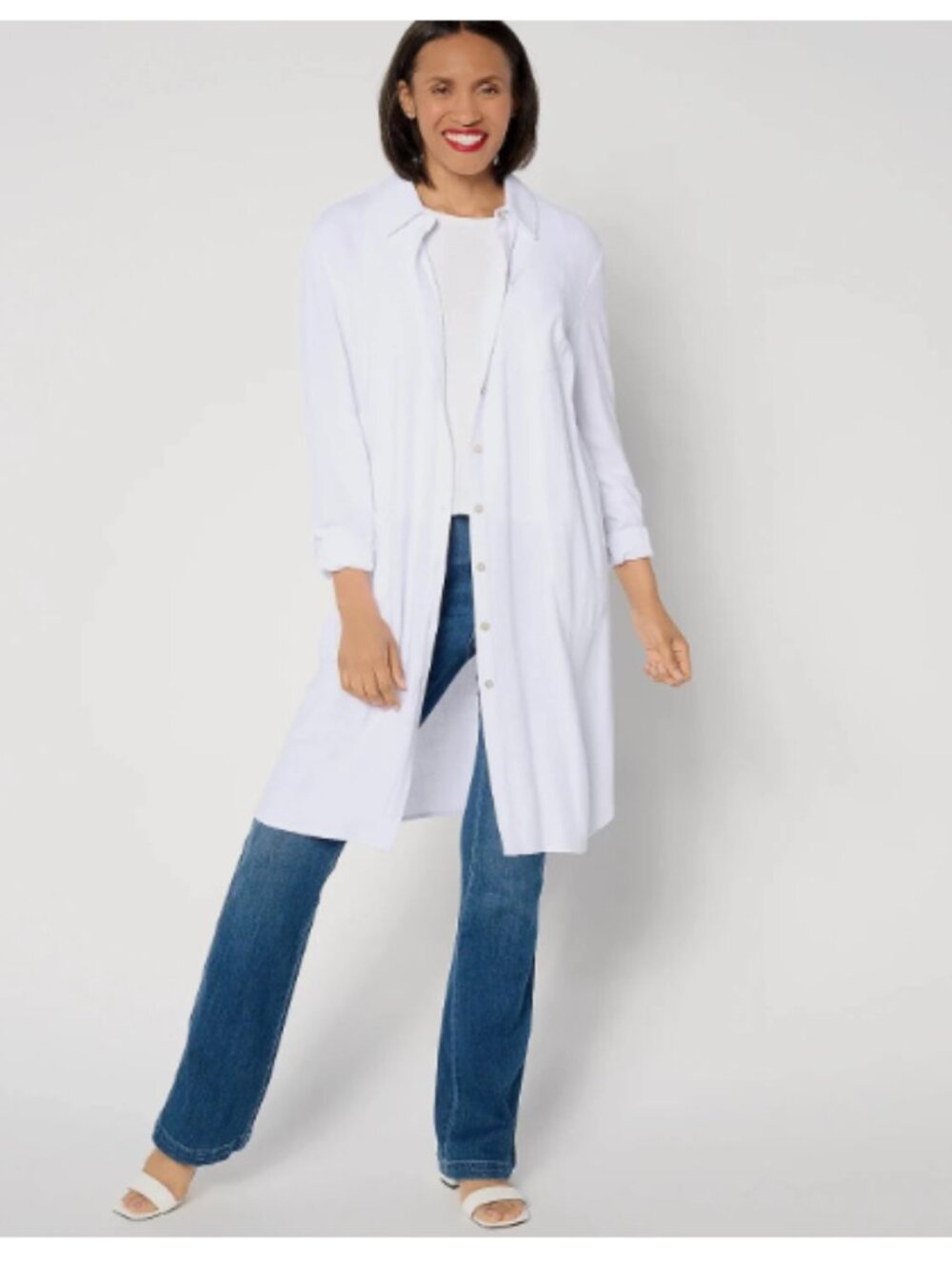 Susan Graver PURE Regular Linen Blend Button Front Duster-White-Large-A644496